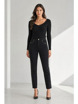 Bihan Store Yüksek Bel Yanları Metal  Süslemeli Denim Pantolon Y26-2805-SIYAH