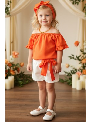 Parla Kids Kız Bebek Sunny Turuncu Madonna Yaka Bandanalı Şortlu Alt Üst Takım