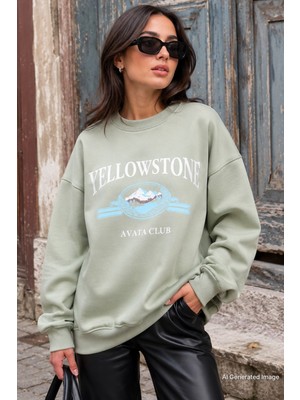 Madmext Mint Yeşili Bisiklet Yaka Baskılı Sweatshirt MG1571