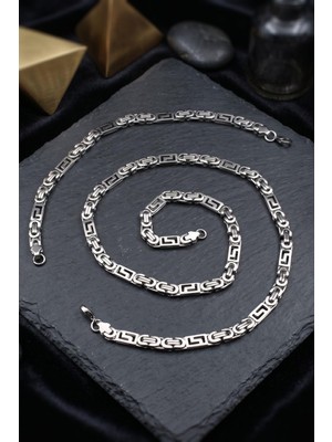 Prestige Paslanmaz Çelik Euro Kral Model Erkek Kolye Zincir ve Bileklik Set 6 mm Grek Desenli 902923
