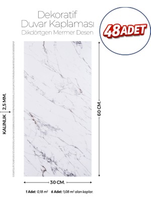 Brano 30X60 cm Kendinden Yapışkanlı Duvar,banyo,tezgah Arası Mermer Desen-48 Adet