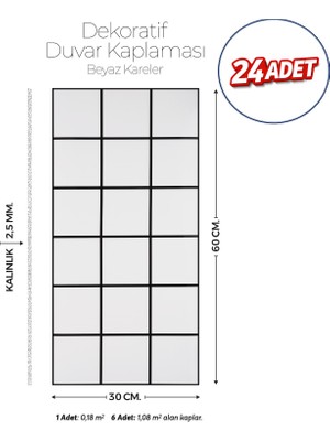 Brano 30X60 cm Kendinden Yapışkanlı Duvar,banyo,tezgah Arası Beyaz Kareli Desen -24 Adet