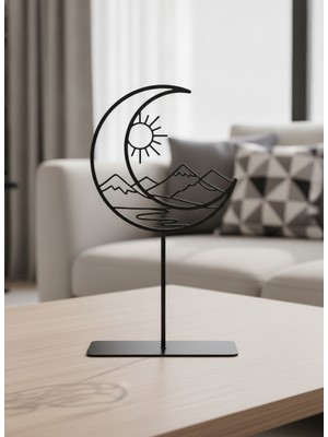 Bafidica Modern Minimalist Tasarım Metal Masa Üstü Dekoratif Obje Güneş Ay ve Dağ Manzaralı Siyah