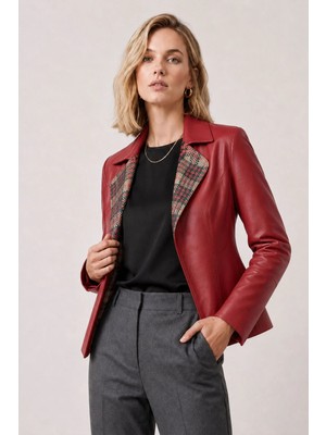 Deriderim Liora Kadın Ekose Kırmızı Çift Taraflı Hakiki Deri Blazer Ceket