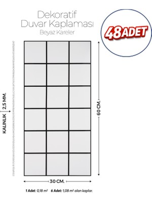 Brano 30X60 cm Kendinden Yapışkanlı Duvar,banyo,tezgah Arası Beyaz Kareli Desen-48 Adet
