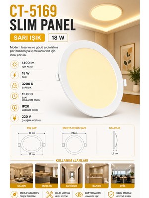 Yenilig CT-5169 Slim Panel 18W – 22 cm Çap – 20 cm Montaj Delikli Ultra Ince LED Panel