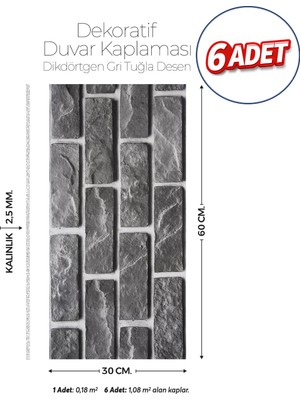 Brano 30X60 cm Kendinden Yapışkanlı Duvar,banyo,tezgah Arası Kaplama Gri Tuğla Desen 6 Adet