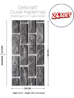 Brano 30X60 cm Kendinden Yapışkanlı Duvar,banyo,tezgah Arası Gri Tuğla Desen -24 Adet