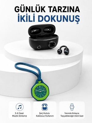 Kyops Şarj Kutulu Kablosuz Kulaklık ve Yeşil Askılı Analog Çanta Saati Avantajlı Ikili Set - Lisinya