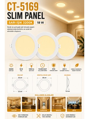 Yenilig 3 Adet CT-5169 Slim Panel 18W – 22 cm Çap – 20 cm Montaj Delikli LED Panel