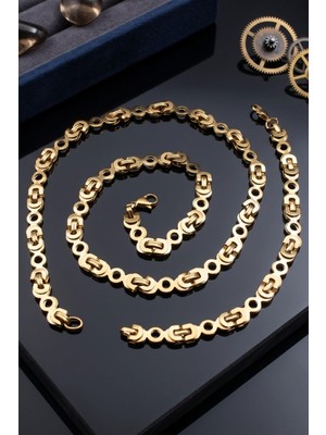 Prestige Paslanmaz Çelik Euro Kral Model Erkek Kolye Zincir ve Bileklik Set 8mm Altın Kaplama 902917