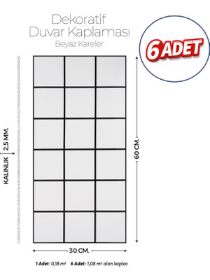Brano 30X60 cm Kendinden Yapışkanlı Duvar,banyo,tezgah Arası Kaplama Beyaz Kareli Desen 6 Adet