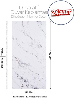 Brano 30X60 cm Kendinden Yapışkanlı Duvar,banyo,tezgah Arası Mermer Desen -24 Adet
