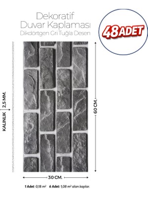 Brano 30X60 cm Kendinden Yapışkanlı Duvar,banyo,tezgah Arası Gri Tuğla Desen-48 Adet