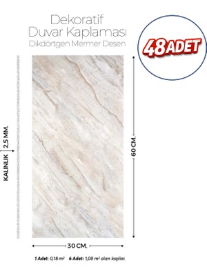 Brano 30X60 cm Kendinden Yapışkanlı Duvar,banyo,tezgah Arası Bej Mermer Desen-48 Adet