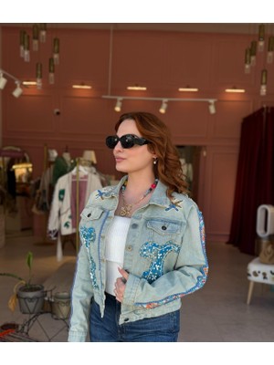Jasminurgancy Özel Tasarım Etnik Şerit Işlemeli Denim Ceket