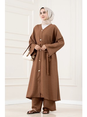 Sevitli Düğmeli Davin Abaya Ikili Takım-Kahverengi