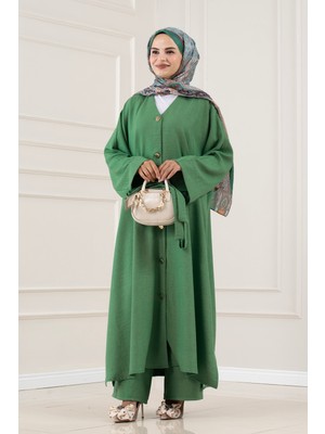 Sevitli Düğmeli Davin Abaya Ikili Takım-Yeşil