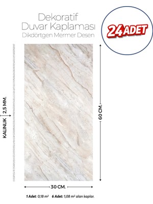 Brano 30X60 cm Kendinden Yapışkanlı Duvar,banyo,tezgah Arası Bej Mermer Desen -24 Adet