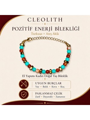 Cleolith Pozitif Enerji Bilekliği | Turkuaz ve Ateş Akik El Yapımı Kadın Doğal Taş Bileklik