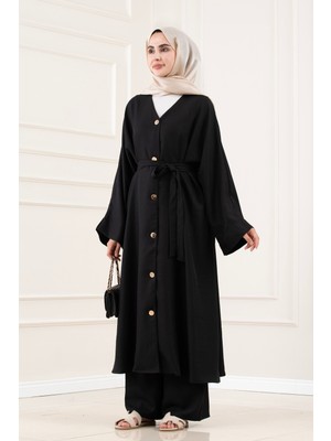 Sevitli Düğmeli Davin Abaya Ikili Takım-Siyah