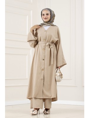 Sevitli Düğmeli Davin Abaya Ikili Takım-Bej