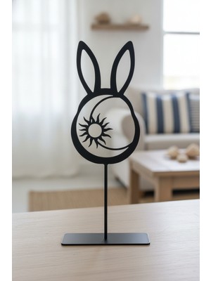 Bafidica Tavşan Kulağı Güneş Ay Figürlü Siyah Metal Masaüstü Heykel Dekoratif Obje Yükseklik: 18 cm