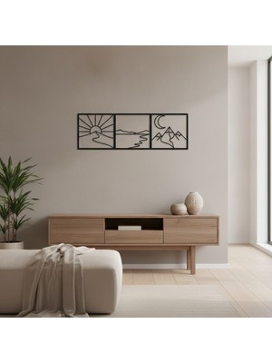 Bafidica Modern Minimalist Çizgi Sanatı Metal Duvar Dekoru Güneş Çöl Göl Ay ve Dağ Temalı Şık Siyah Lazer Kesim Kesintisiz Tasarım Üçlü Kompozisyon Tablo