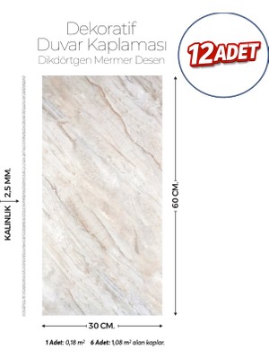Brano 30X60 cm Kendinden Yapışkanlı Duvar,banyo,tezgah Arası Kaplama Bej Mermer Desen 12 Adet