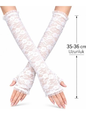 Hace Bazaar Uzun Zarif Dantel Eldiven Parmaksız Beyaz 35 cm (4887)