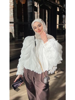 Salisburys Kadın Fırfırlı Astarlı Yazlık Şifon Saten Yeşil Bluz