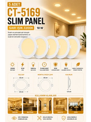 Yenilig 5 Adet CT-5169 Slim Panel 18W – 22 cm Çap – 20 cm Montaj Delikli LED Panel