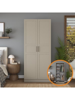Rani BA258 Membran Kapaklı Gardırop 2 Kapaklı 6 Raflı 2 Askılı Elbise Dolabı Kumtaşı