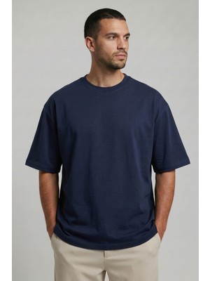 Allunique Erkek Pamuklu Oversize Bisiklet Yaka Mavi T-Shirt