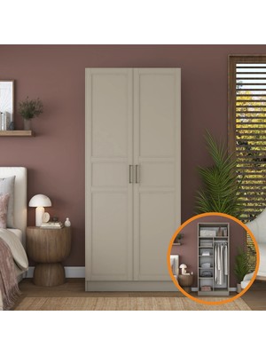 Rani BA257 Membran Kapaklı Gardırop 2 Kapaklı 5 Raflı Askılı Elbise Dolabı Kumtaşı