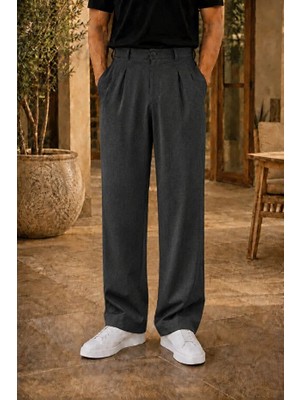 Modamesto Erkek Antrasit Baggy Fit Rahat Kesim Pileli Kumaş Pantolon
