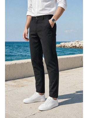 Modamesto Erkek Siyah Slim Fit Dar Kesim Likralı Yan Cep Bilek Boy Düz Kumaş Pantolon