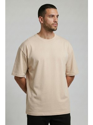 Allunique Erkek Pamuklu Oversize Bisiklet Yaka Bej T-Shirt