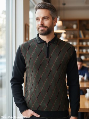 Kamalı Erkek Siyah Tüylenme Yapmayan Anti Pilling Kumaş Standart Fit Normal Kesim Polo Yaka Triko Kazak