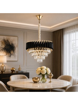Apliqa Mikula 45'lik Yuvarlak Gold Kristal Taşlı Modern Oturma Odası Salon Sarkıt Avize