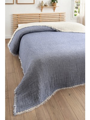 Sevim 5 Katlı Tek Kişilik Müslin Yatak Örtüsü -Dolgulu, %100 Pamuk Yorgan - 160X220 Cm-Indigo