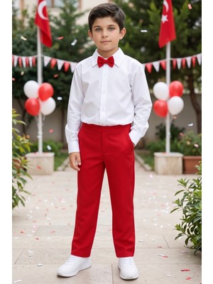 Parla Kids Erkek Çocuk Milano Beyaz Gömlek Kırmızı Pantolon Papyonlu Alt Üst Takım 23 Nisan Gösteri Kıyafeti