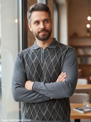 Kamalı Erkek Gri Tüylenme Yapmayan Anti Pilling Kumaş Standart Fit Normal Kesim Polo Yaka Triko Kazak