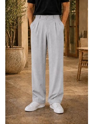 Modamesto Erkek Açık Gri Baggy Fit Rahat Kesim Pileli Kumaş Pantolon