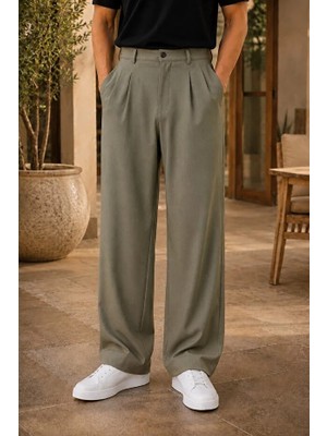 Modamesto Erkek Haki Baggy Fit Rahat Kesim Pileli Kumaş Pantolon