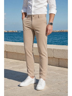 Modamesto Erkek Bej Slim Fit Dar Kesim Likralı Yan Cep Bilek Boy Düz Kumaş Pantolon