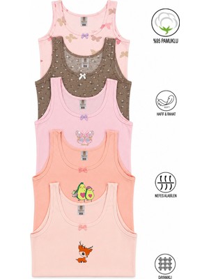 Özkan Underwear Özkan 41600 5'li Paket Kız Çocuk Karışık Renkli Desenli Pamuklu Yumuşak Rahat Kalın Askılı Atlet