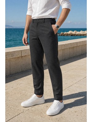 Modamesto Erkek Antrasit Slim Fit Dar Kesim Likralı Yan Cep Bilek Boy Düz Kumaş Pantolon