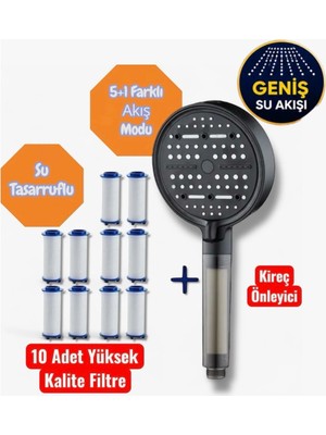 Turbo Basınç Özellikli Yeni 6 Farklı Akış Modlu Duş Başlığı Kireç Önleyici 10 Adet Yedek Filtreli
