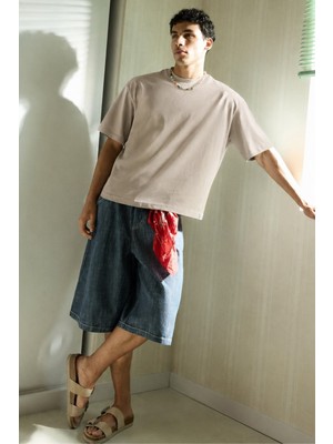 Madmext Erkek Taş Rengi Oversize Fit Basic T-Shirt 6066